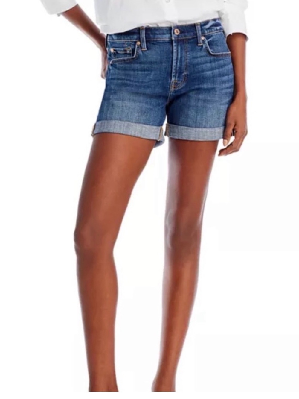 7 For All Mankind Mid Roll Up Shorts Women’s Size 29 Medium Wash Denim Cuffed